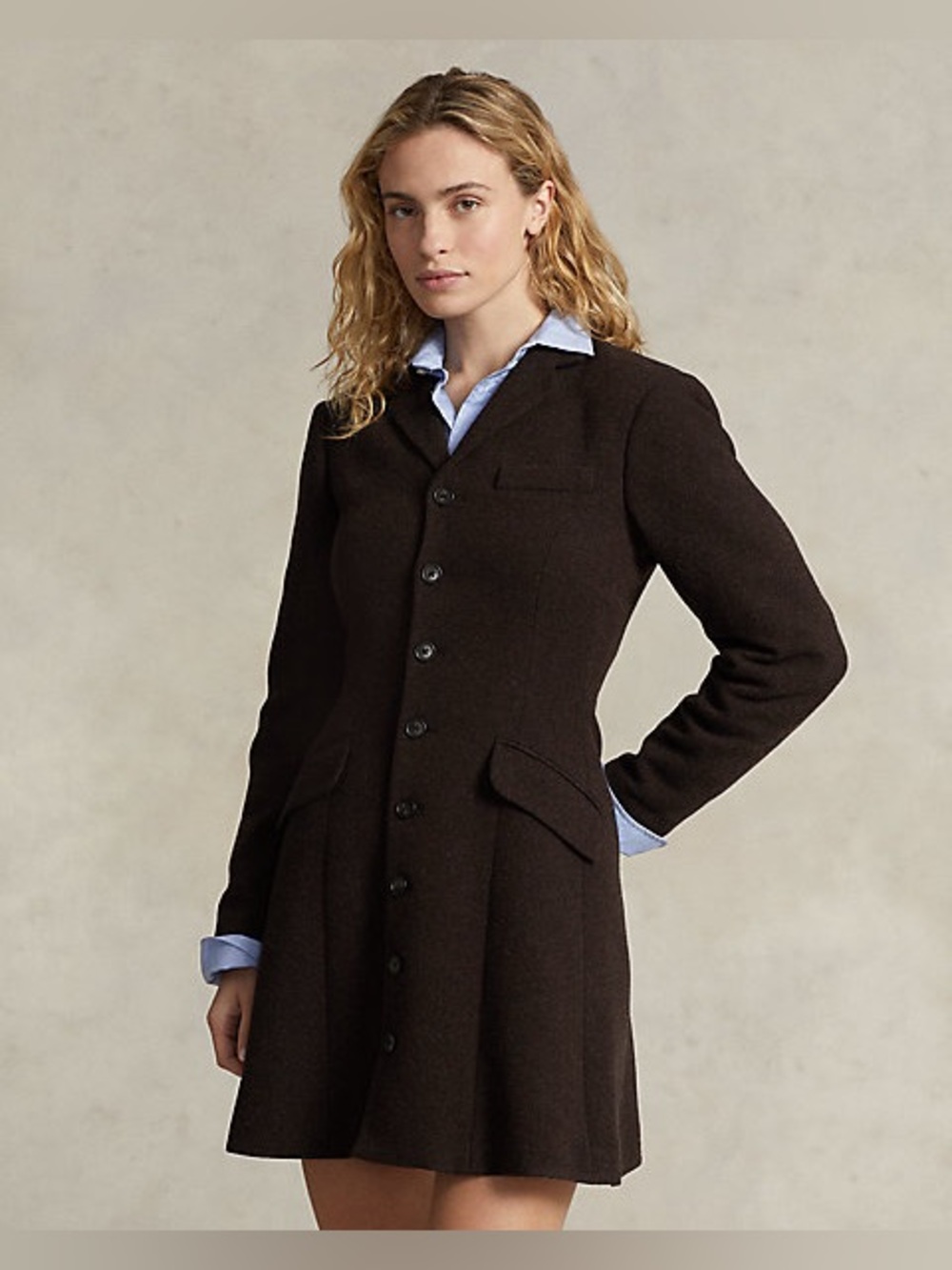 Polo Ralph Lauren Dark Brown Tweed Fit-and-Flare Italian Wool Coat 14 Old Money